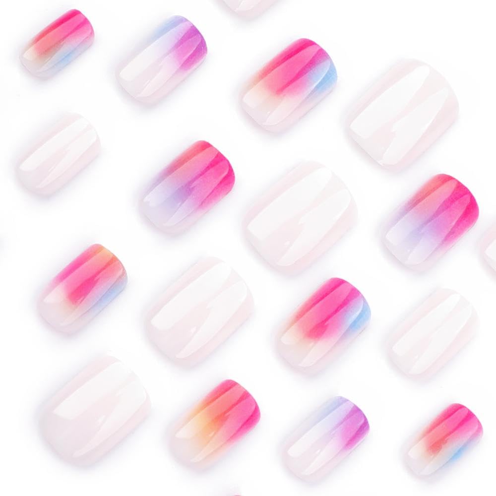 Ombre Pink Purple Press on Nails Short Square Fake Nails with Designs Gradient Orange False Nails Glossy White Stick on Nail Reusable Rainbow Summer Glue on Nail for Women Girls Manicure 24Pcs