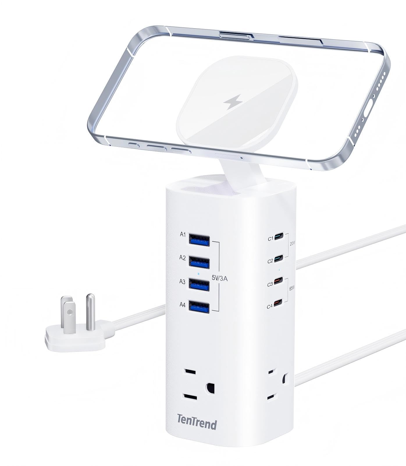 TenTrend Power Strip Tower Surge Protector, 115W Fast Charging Station with 3AC Outlets & 8 USB Ports (4 USB-C), 5FT Extension Cord Flat Plug for Home, Office, Dorm Room