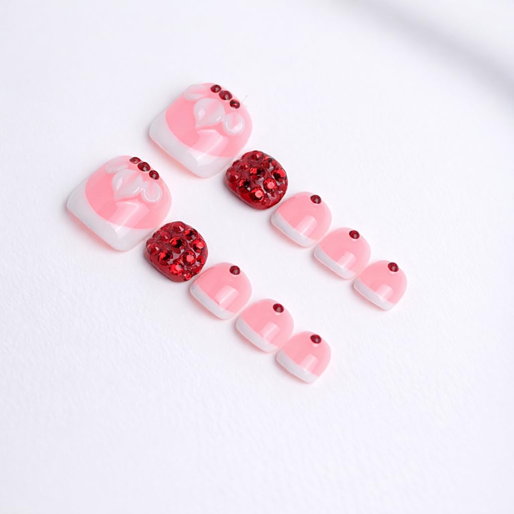 IntoVibes 10 Pieces Handmade Luxury Press On Toenails With Petal And Rde Bling Rhinestones, Full Cover, Press On Nails Stick On Toe Nails For Women Manicure, Acrylic Fake Toe Nails (L)