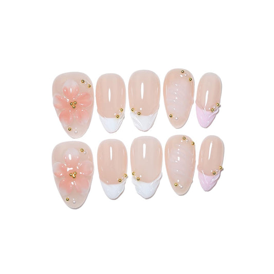 10 Pcs Short Almond Handmade Press On Nails | 3D Pink Floral & French Tip, Pink Swirl & Gold Dot Accents| Skip Salon Trips, Easy to Apply & Remove, Reusable (RR09, XS)