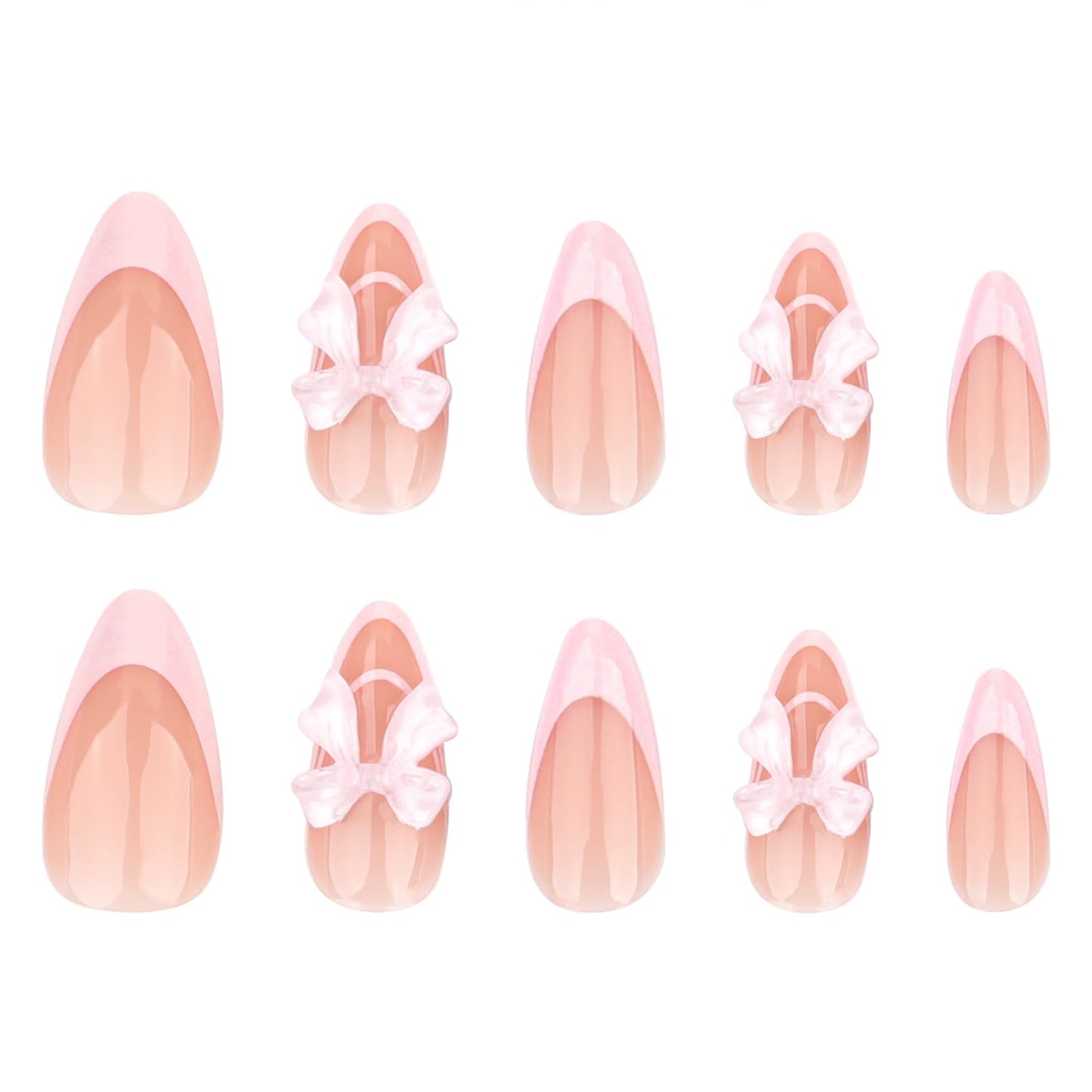 French Tip Press on Nails Medium Length 3D Bow Fake Nails French Nails Press ons Cute Bow Stick on Nails Almond Acrylic False Nails, Artificial Nails Finger Manicure for Women and Girls 24pcs