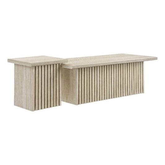 Modway Render Faux Travertine Slatted Nesting Coffee Table Set in Travertine - 2 Piece Low Profile Coffee Table Mid Century Modern - Abstract Coffee Tables for Living Room - Nested Accent Tables