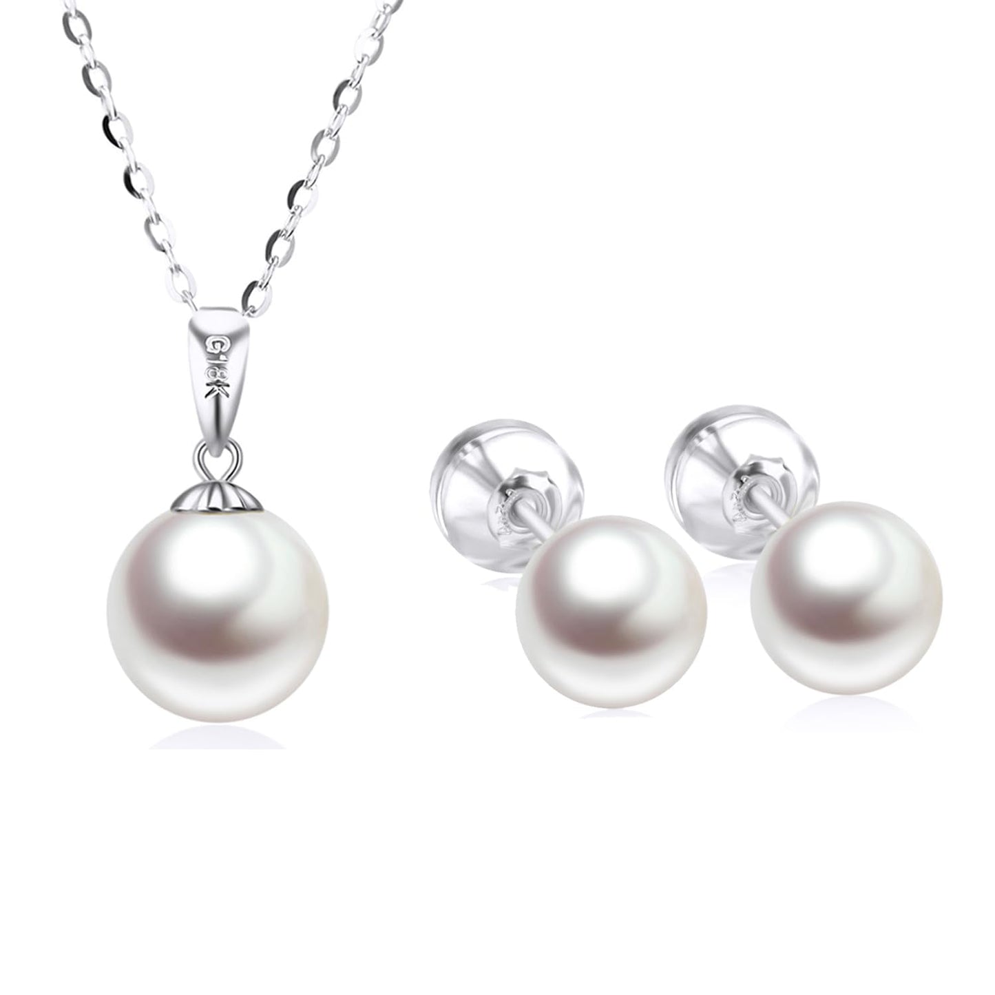 10K White Gold Freshwater Cultured Pearl Necklace and 18K Stud Earrings Set for Women, Jewelry Gifts for Her