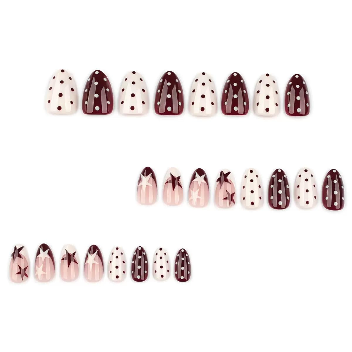 CTTHNBD Press on Nails Almond - Short Fake Nails with Polka Dot Star Design - Wine Red, French Tip False Nails for Women - 24 Pcs