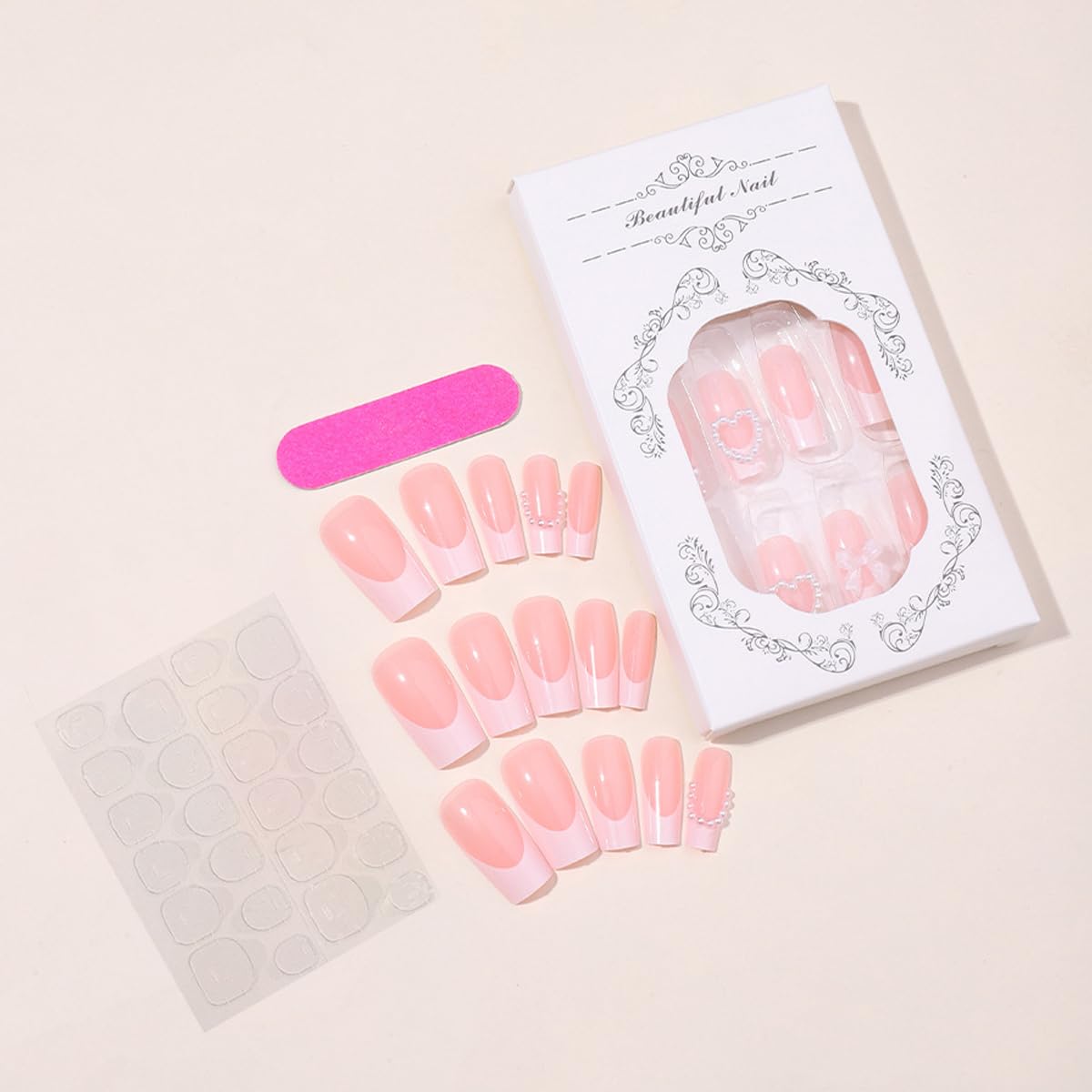 24Pcs French Tip Press on Nails with Charms Designs Medium Long Fake Nails French Heart Nails Press on Cute Rose Flower Stick on Nails Square Shape Acrylic Nails Pearl Nails for Women Daily Wear