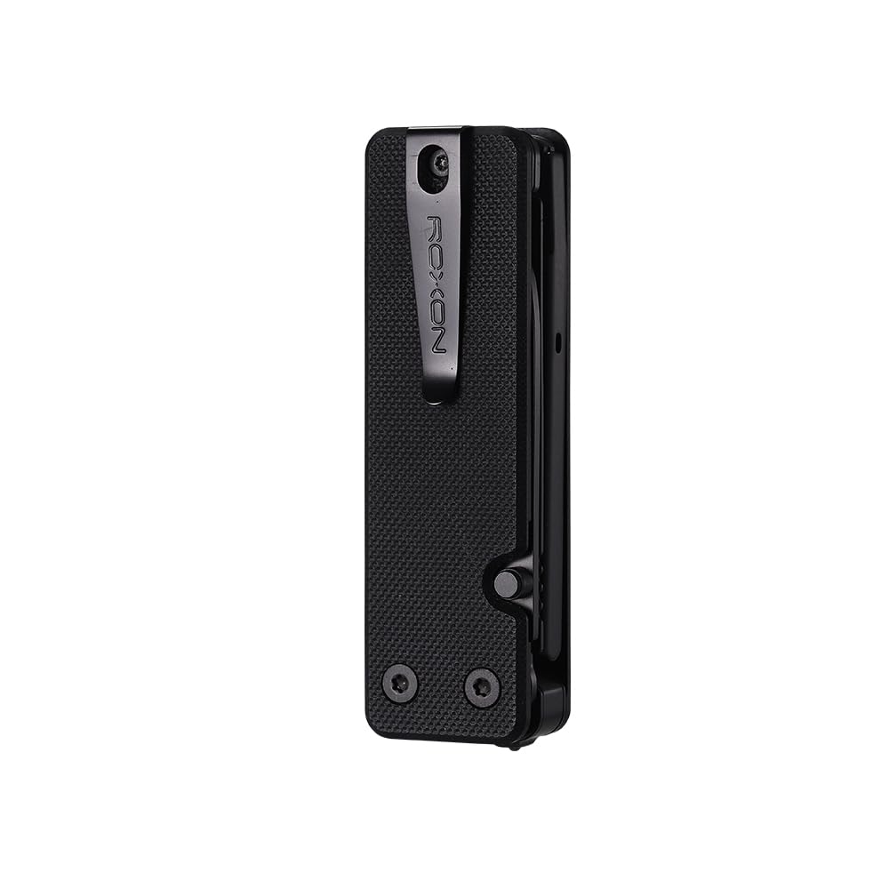 Roxon KS2E Noir Elite D2 Blade 13 in 1 Mini Multi Tool function pocket knife with big scissor, G10 handle and Pocket clip, good for Camping/Backpacking/Emergencies/EDC Multitool (D2 Steel Blade)