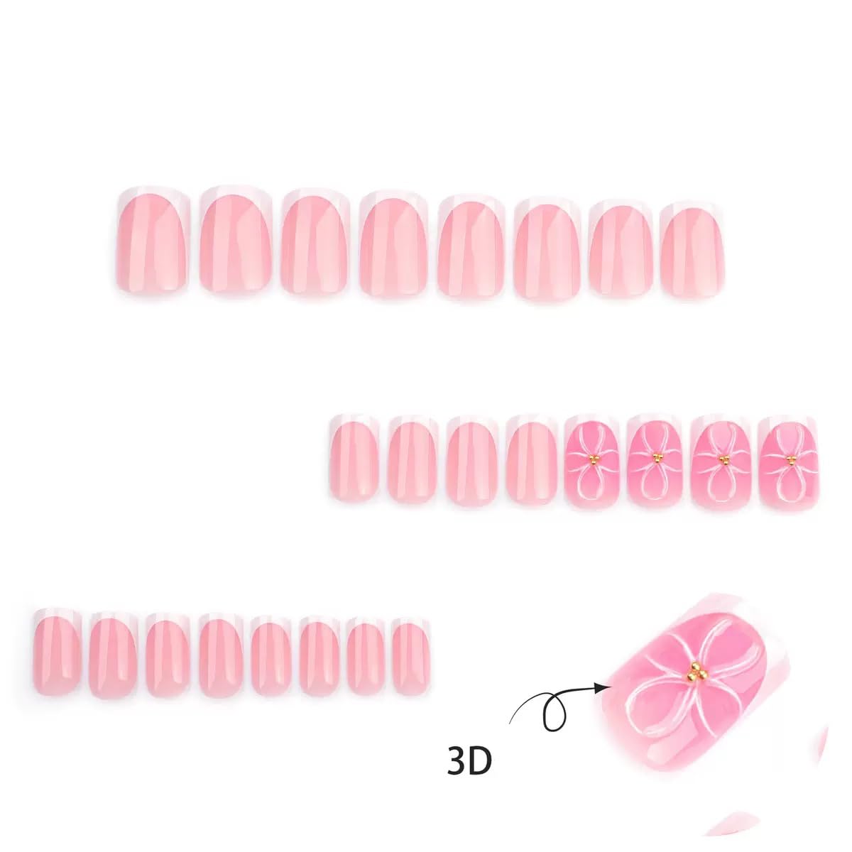 CTTHNBD Square Press on Nails - Short Fake Nails with Flower Design - White French Tip, Spring False Nails for Women - 24 Pcs