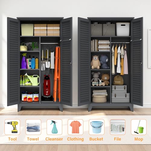 Shutter Metal Storage Cabinet,Waterproof 73'' Tall Freestanding Tool Chest w/ 3 Adjustable Shelves,Locking Doors,2 Hanging Rod,Utility Garage Storage Tool Cabinet for Garage,Home,Office,Outdoor,Black