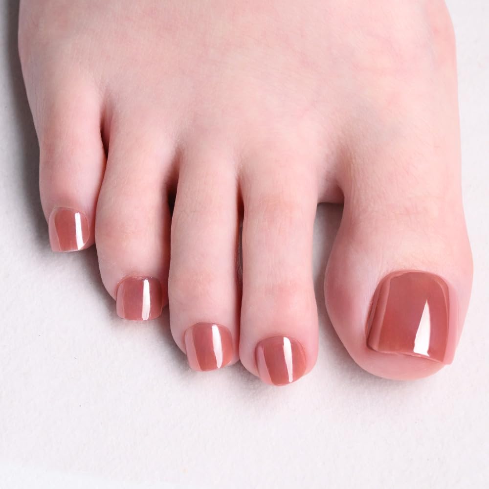 evpct Brown Glazed Press on Toenails Square for Women Gift, Glossy Square Fake Stick Press on Toe Nails, Soft Stick on Toenail Set with Kit, Lightweight Perfectly Fit Full Cover Fake Toenails 32Pcs