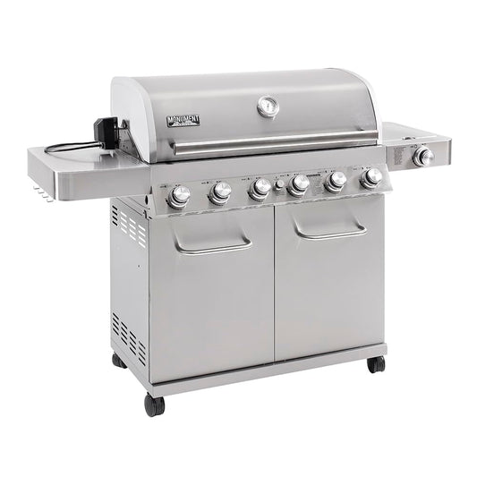 Monument Grills 6 Burner 640 sq.in. Stainless Steel Propane Gas Grill with a Rotisserie Kit, a Side Burner, a Built-In Thermometer, Large Cabinet Style Grill