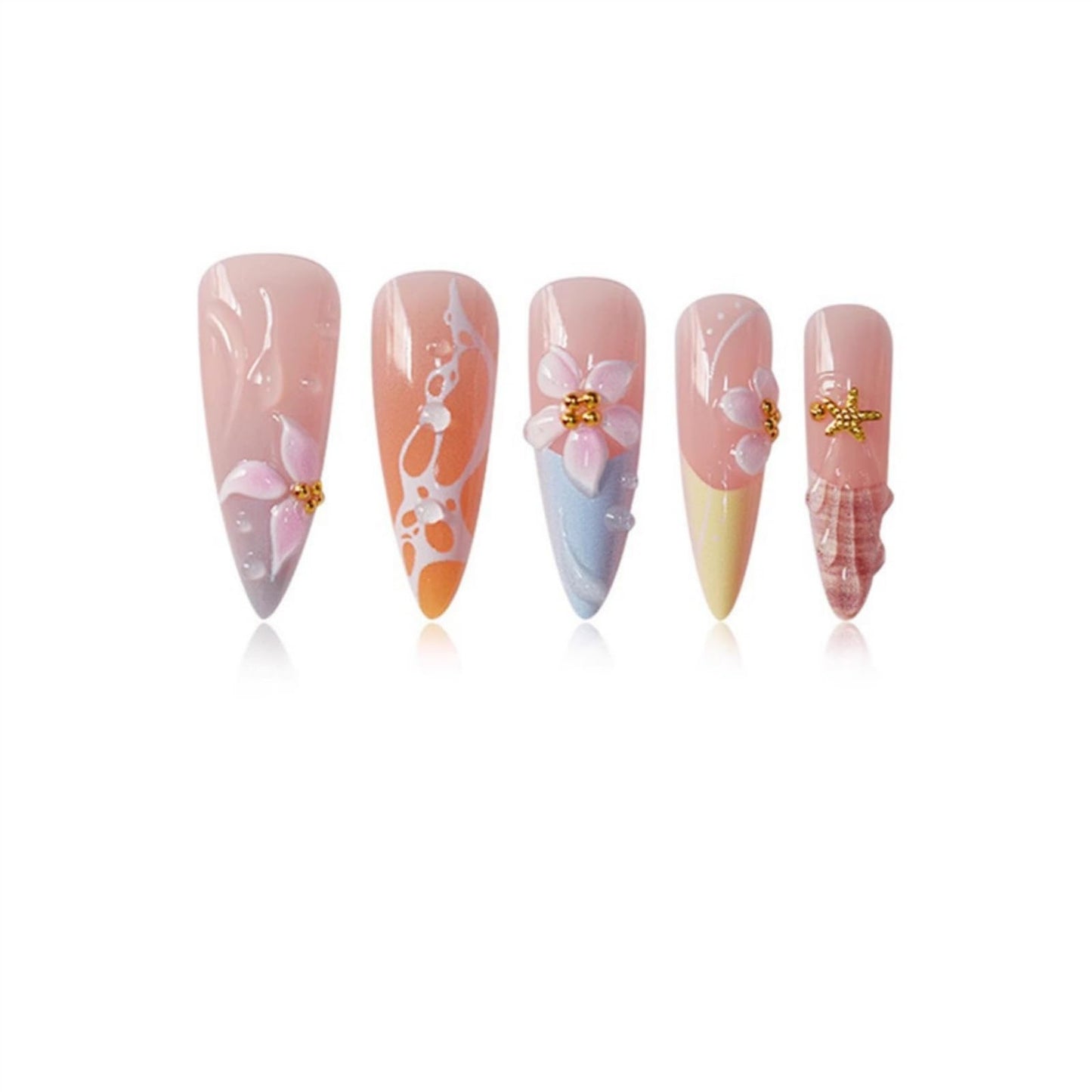 SEENEEY Long Press on Nails Almond Fake Nails French Flowers Artificial Nail with Pink Floral Designs Cute Stick on Nail for Women 24pcs