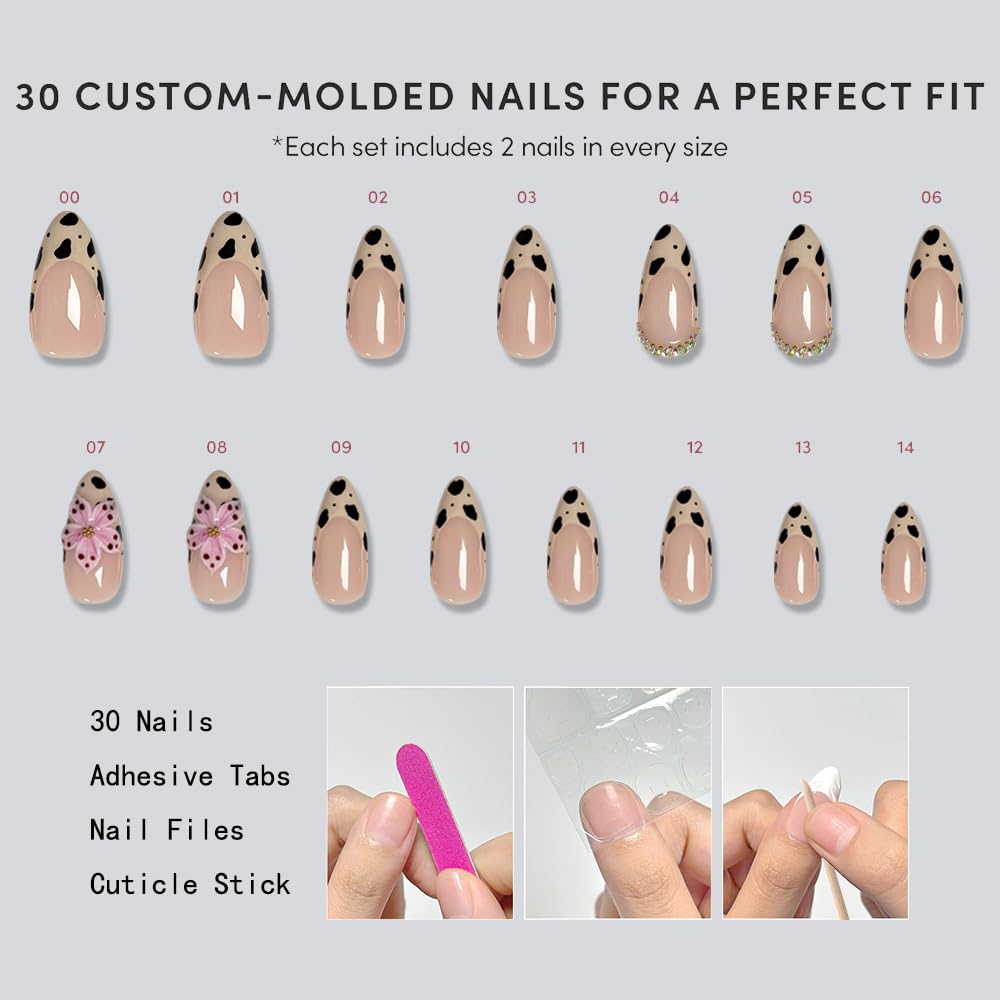MAGLFELL Press On Nails Handmade Almond Fake Nails, Painting French 3D Leopard Print and Floral Design, Reusable Artificial False Nails for Women 15 Sizes - 30Pcs Stick On Nails Kit