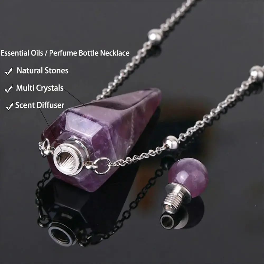925 Sterling Silver Essential Oil Necklace For Women And Men, Natural Crystal Stone Cone Shape Pendant Necklace Healing Perfume Bottle Necklace Essential Oil Pendant Necklace (1 - Essential Oil Necklace)