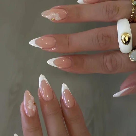 Handmade French Tip Press on Nail Almond Fake ons with Designs Chrome False Nails Long Glossy Full Cover Glue on Nails Stick Women Nails Manicure Decoration 10Pcs (MT-167-L)