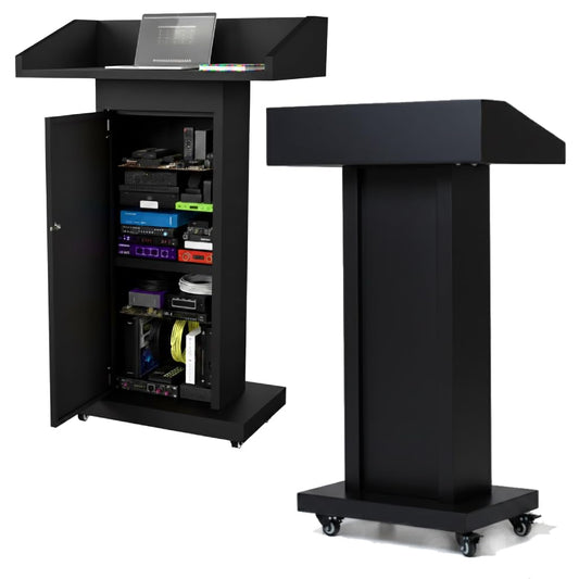 Heavy-Duty Black Metal Podium Stand with Lockable Wheels | Mobile Lectern with Storage Cabinet & Standard 44.56" Height | for Conference Rooms, Churches, Classrooms & Events (Style 3)
