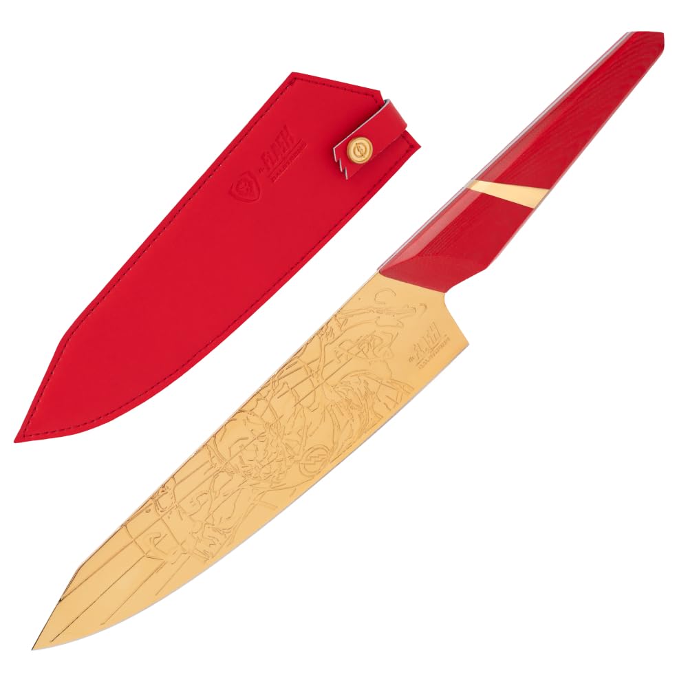 Dalstrong Chef Knife - 8 inch - The FLASH™ Edition - German X50CRMOV15 Stainless Steel - Gold Titanium Nitride - G10 Handle - Full Tang - Premium Leather Sheath - Collection Edition w/Pin