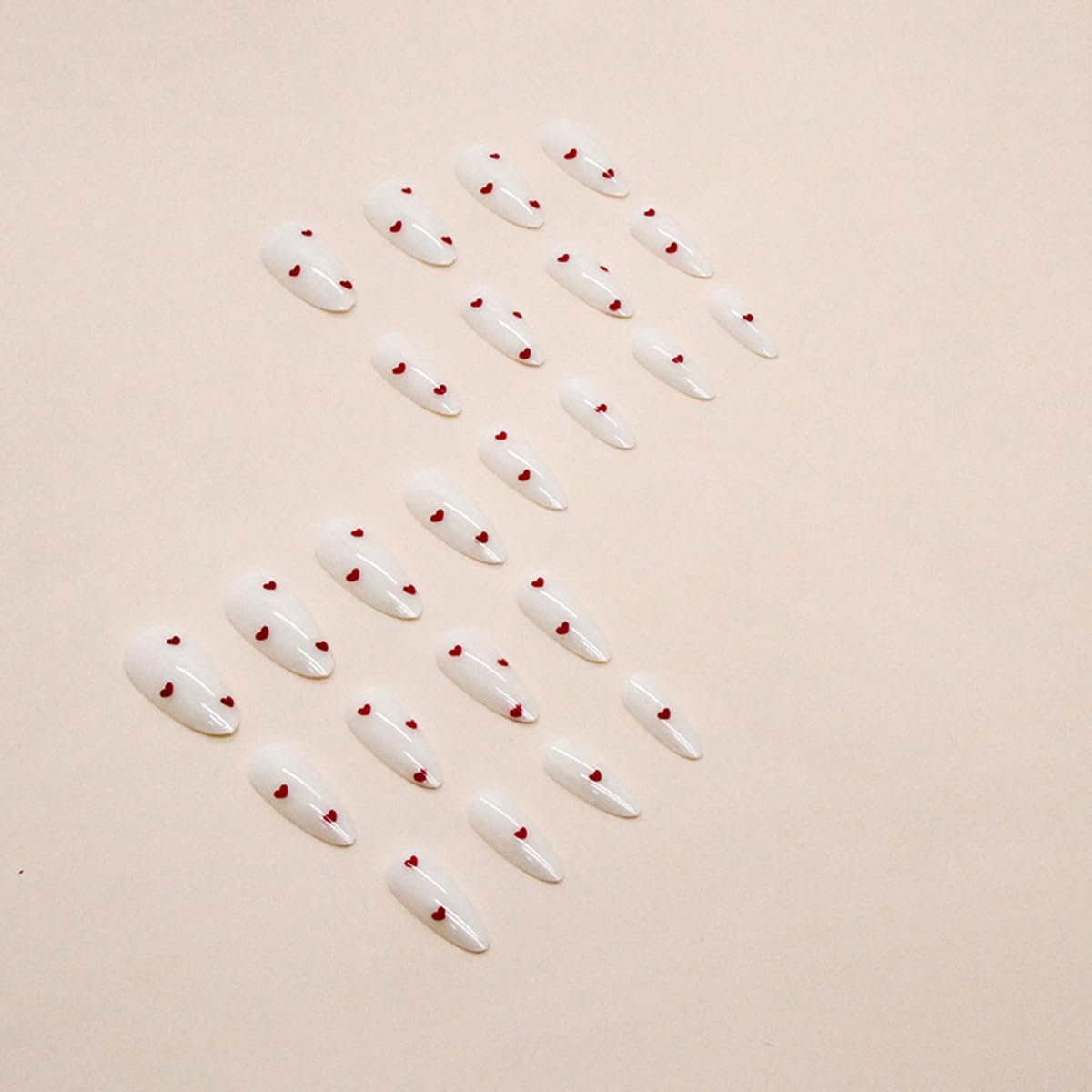 24Pcs Valentines Press on Nails Medium Almond Fake Nails Milky White False Nail Tip Kit with Red Heart Designs Cute Glue on Nails Full Cover Acrylic Stick on Nail for Women Girlfriend Gift