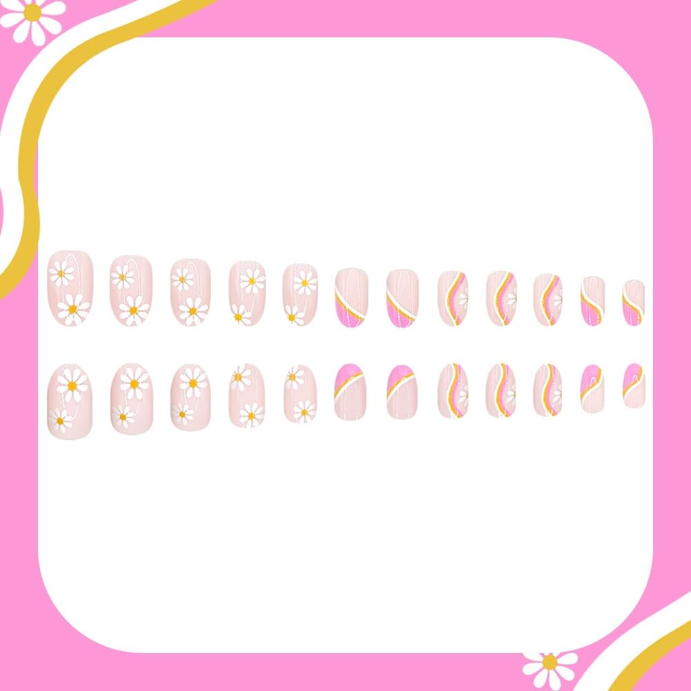 Flower Press on Nails Short Almond Fake Nails with Floral Design Glossy Yellow White Striped Glue on Nails Spring Summer Nail Press ons Reusable Full Cover Pink Acrylic Nail for Women Manicure 24Pcs