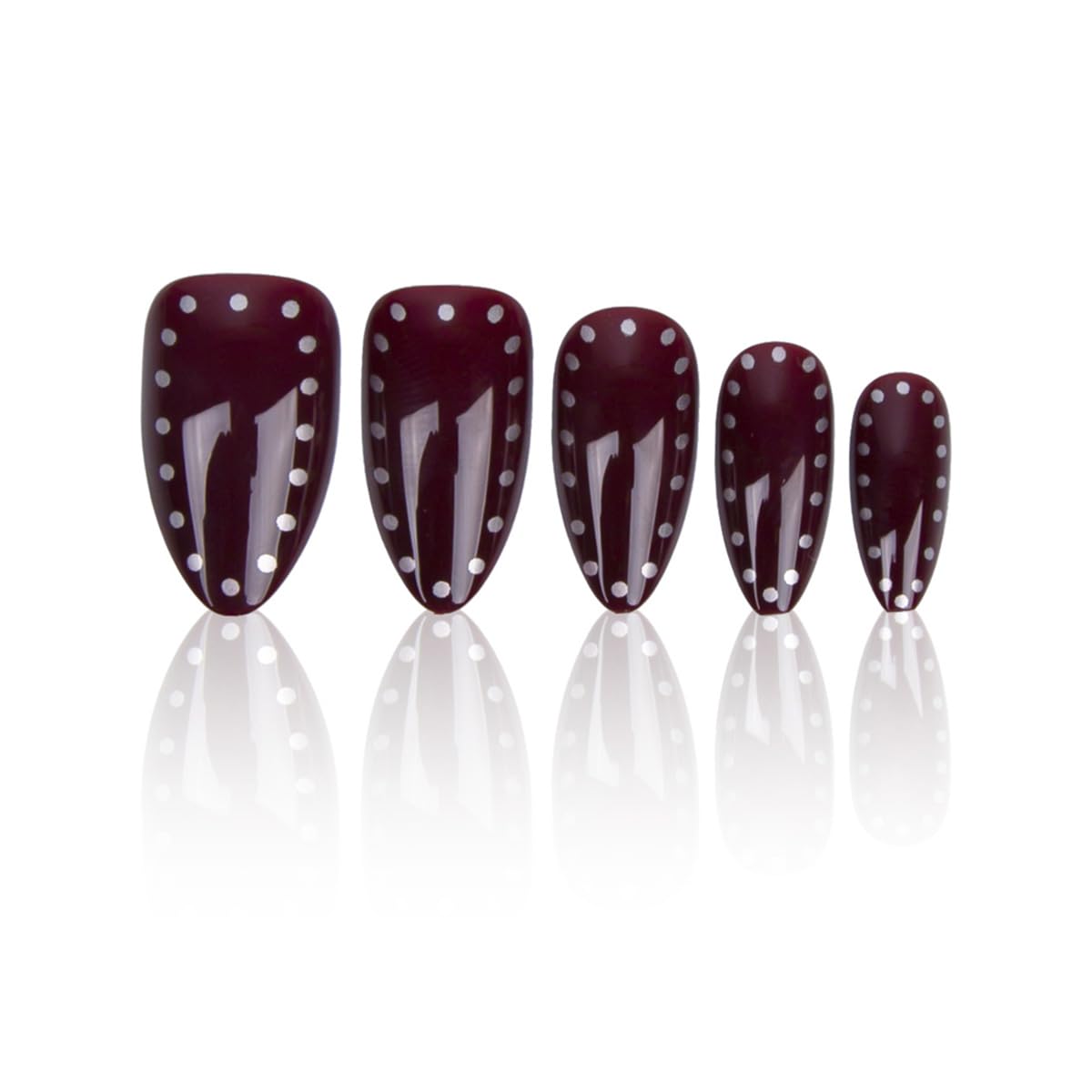 Dark Red Press On Nails - Medium Almond Acrylic Fake Nails with Silver Dots Designs,30Pcs Fall Winter Manicure Kit for Women Girls