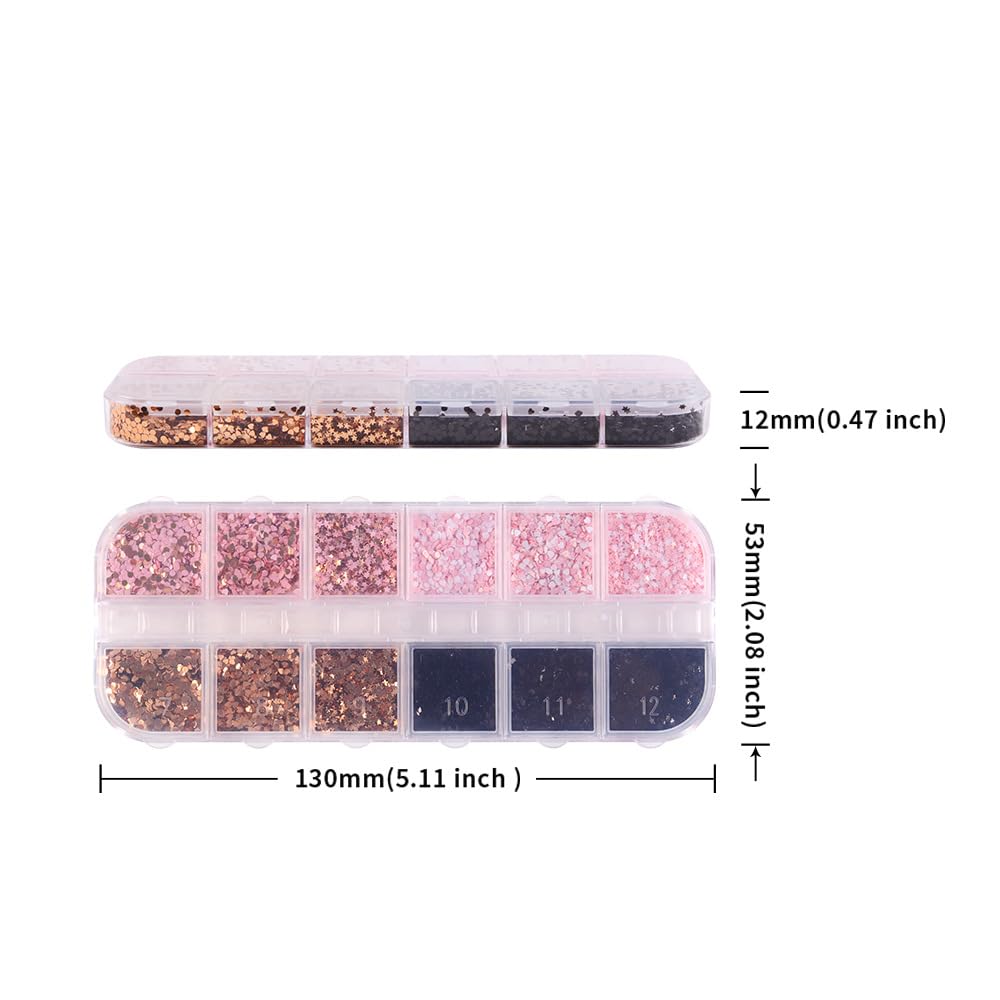 AWDSLUY 12Girds Litter Star Round Heart Nail Glitter Sequin Retro Love Heart Nail Glitters 3D Nail Art Supplies Holographic Shiny Gold Nail Sequins for Valentine's Day Manicure Decorations