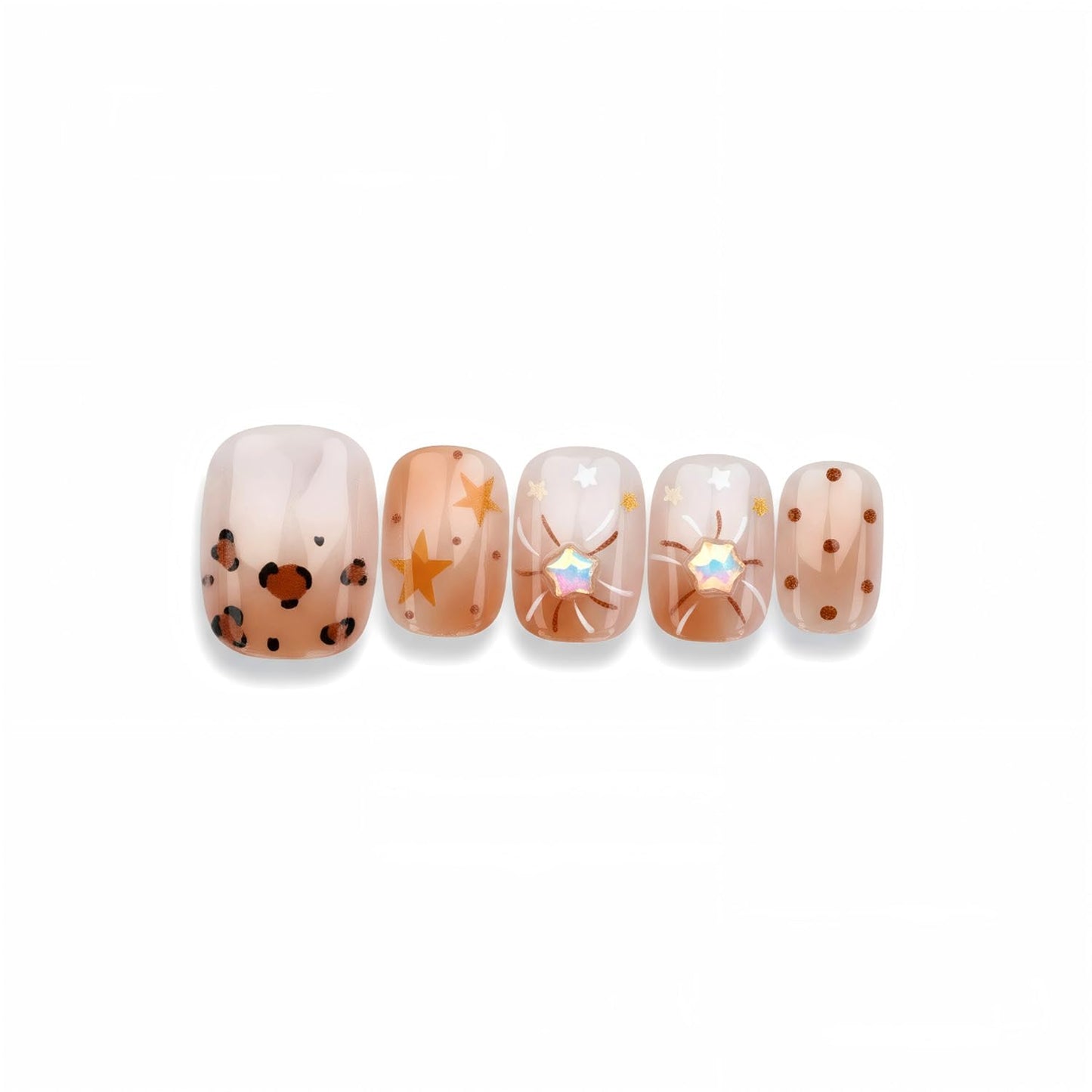 3D Nude Leopard Press On Nails, Short Oval Neutral Beige False Nails with Star Rhinestone Design, Glossy Textured On Nails for Women, Chic Everyday Manicure Set, 30PCS (The sizing runs small)