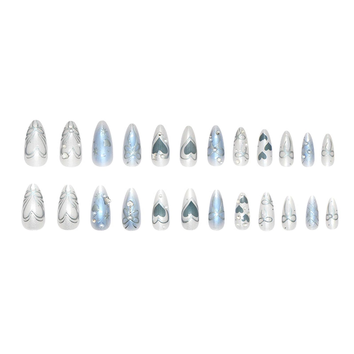 24Pcs Y2k Almond Fake Nail Medium Press on Nails with Blue Love Heart Silver Bow Butterfly Design French Press On Nail Flash Full Cover Artificial Glue on Nails Pearl Rhinestones Nails for Women