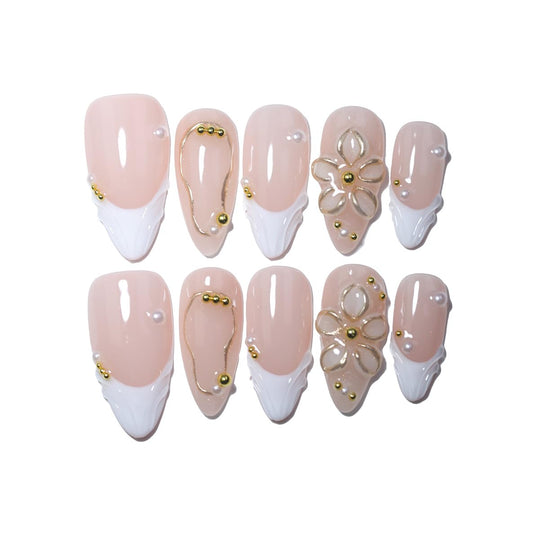 10Pcs Medium Almond Handmade Press On Nails | Easy Apply & Remove, Reusable Salon Quality Nails | Elegant Nude Fake Nails with 3D Floral, Wave French Tip & Pearl Gold Bead Accents(5U13, S)