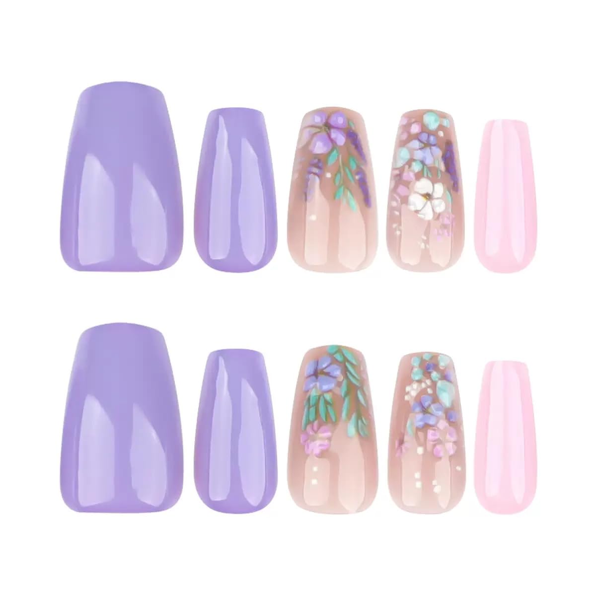 CTTHNBD Press on Coffin Nails - Medium Fake Nails with Flower Design - Purple False Nails Press ons - for Women 24 Pcs