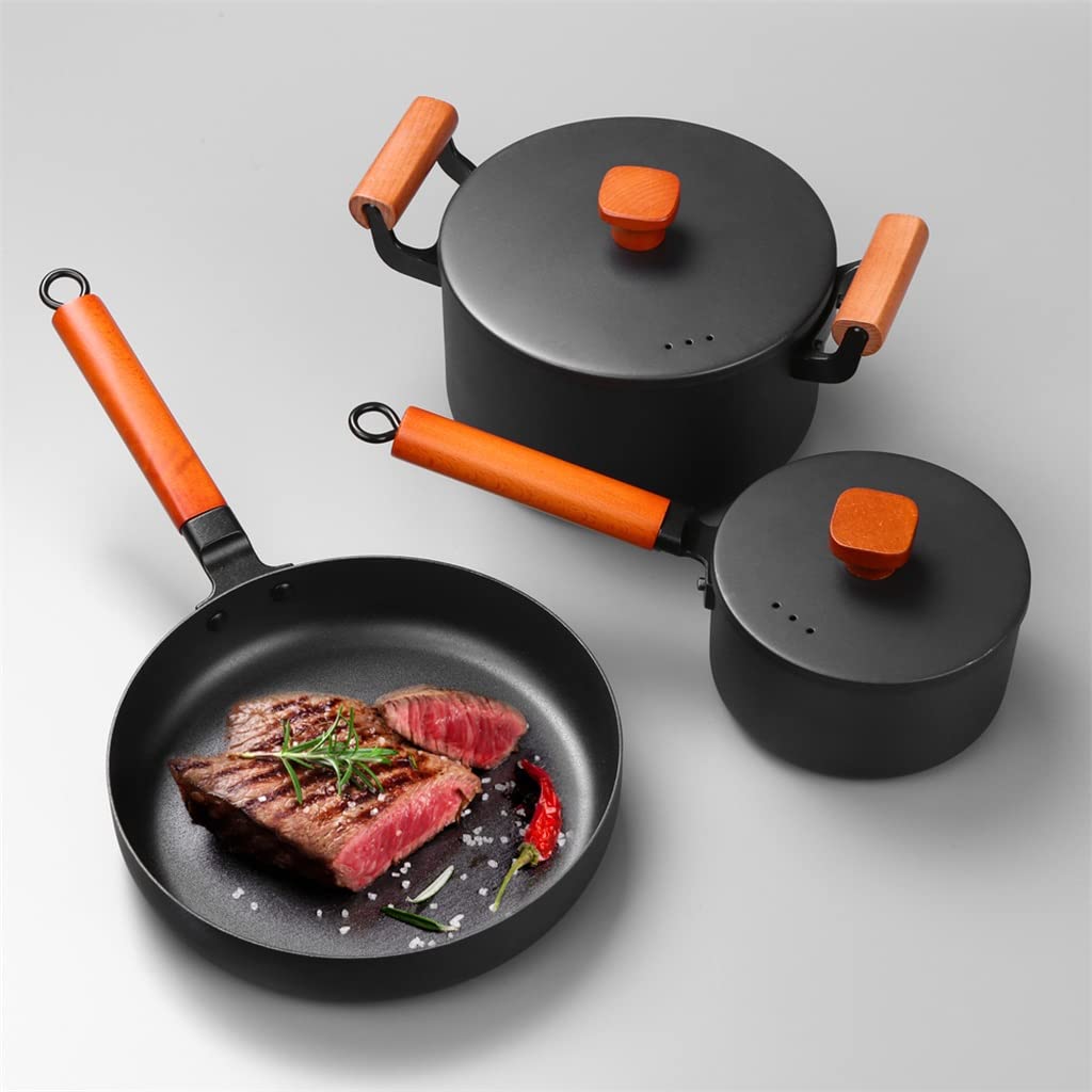 3 Piece Cast Iron Cookware Set Nonstick Iron Pot Soup Milk Frying Pan Kitchen and Pantry Room Cookware (Color : Black, Size Black