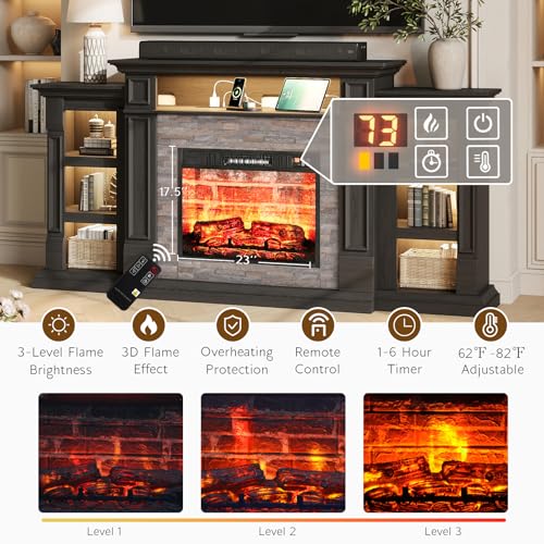 72'' Fireplace TV Stand with Outlet & LED, Electric Fireplace with Mantel, Entertainment Center with Storage, 23'' Fireplace Heater Insert with 3D Flame Effect for Living Room, Black