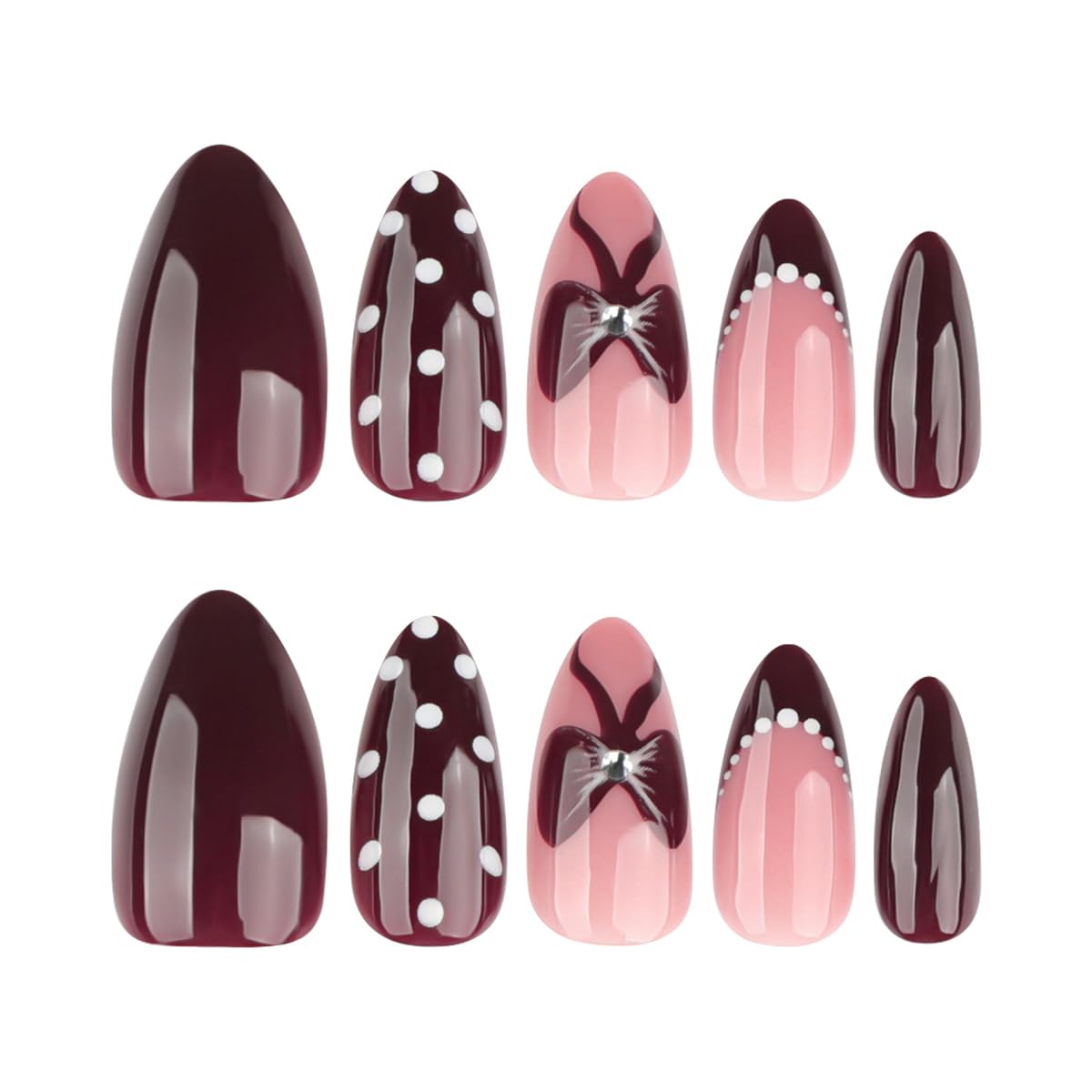 Medium Almond Press on Nails - Wine Red Fake Nails with Bow, Polka Dot Designs False Nail French tip Glue on Nails Reusable Full Cover Stick on Nail for Women Manicure 24Pcs