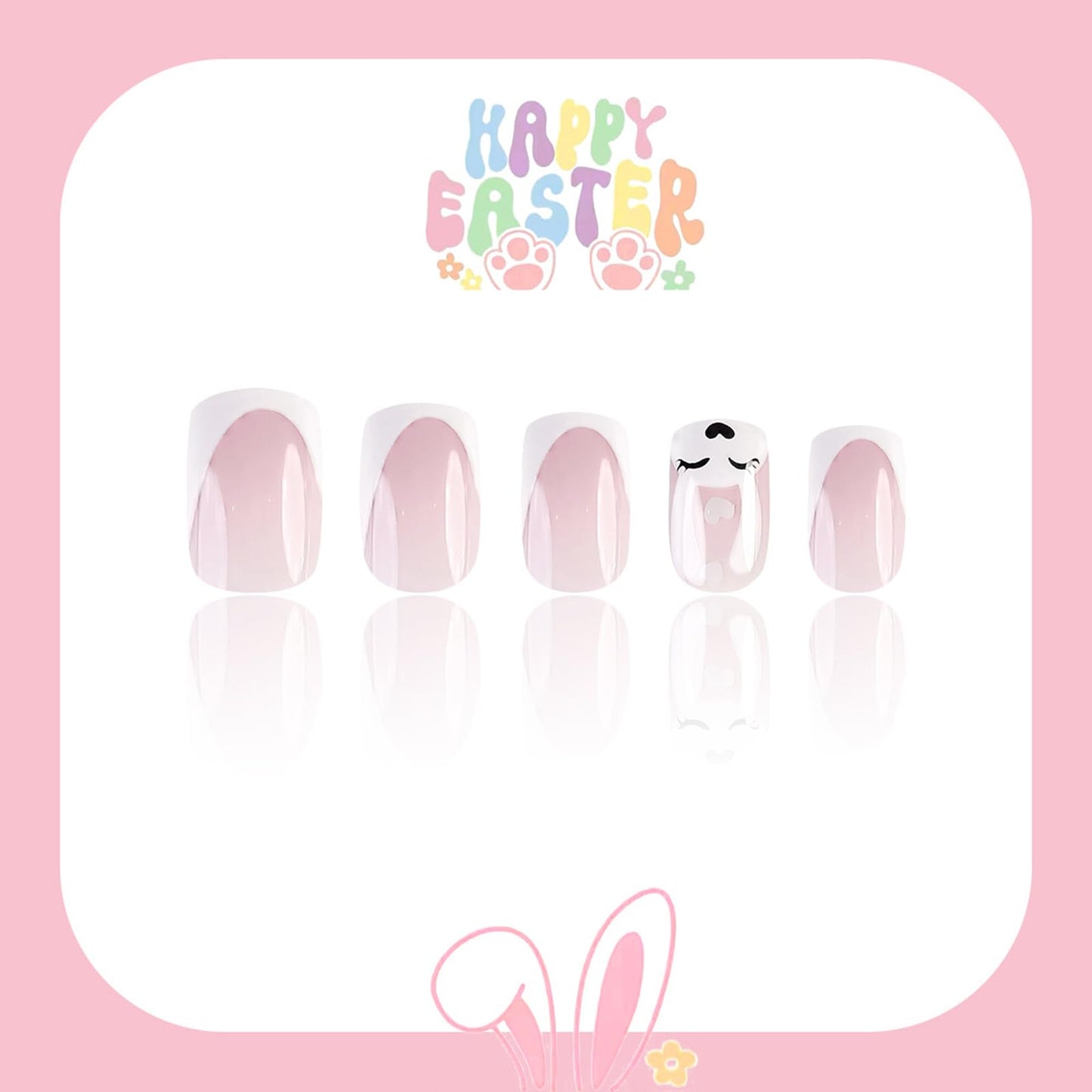 Easter White French Press on Nails Short Square fake Nails Cute White Rabbit False Nails with French Design Stick on Nails for Women Girls Manicure Decoration 24 pcs