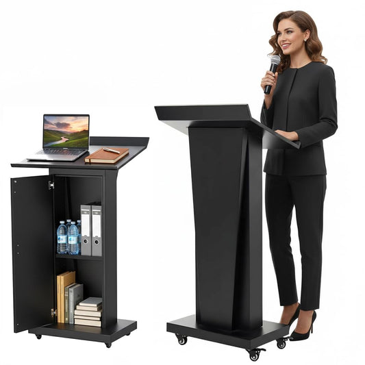 GARVIN Metal Podium Stand with Wheels, 50.4"Heavy-Duty Mobile Metal Lectern with Storage Cabinets, Portable Pulpit for Church, School, Office and Conference
