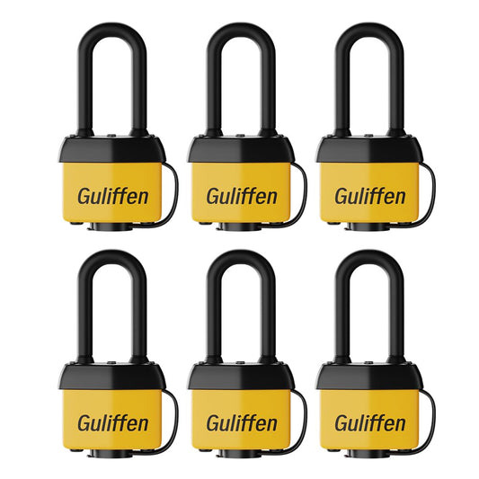 Guliffen Weatherproof Laminated Steel Padlock with Same Key, Outdoor Padlock with Long Shackle for Gate, Fence, Shed,Garage, 6 Pack