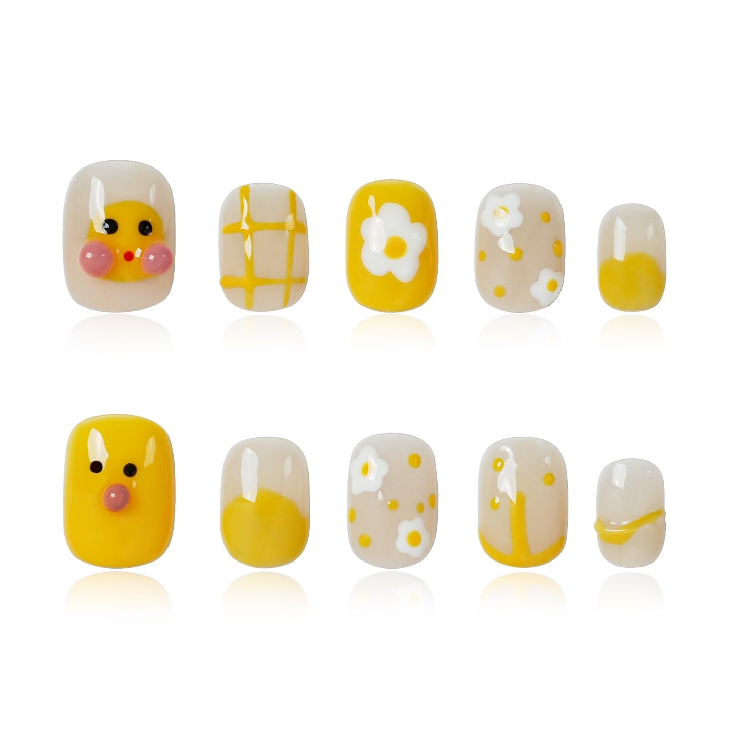 Tesytto Short Round Press on Nails, Kawaii Handmade Cute 3D Yellow Duck & Daisy Flower Cartoon Nails, Glossy False Nail Art for Women Girls (Little Yellow Duck,S)