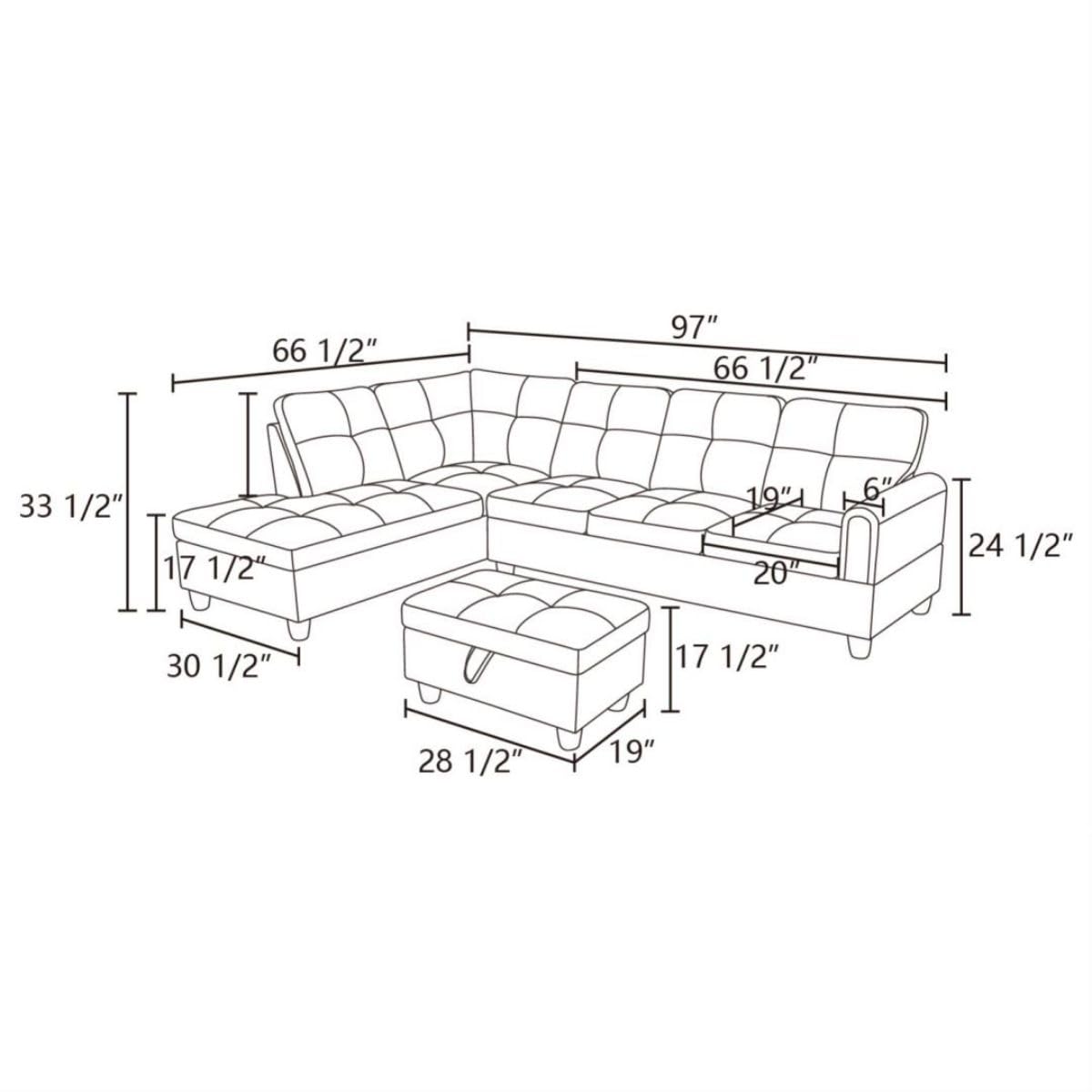 UOCFYK Dark Brown L-Shaped 3-Piece Flannel Sofa with Storage Ottoman Set, Sectional Couch Sofa Set for Living Room, Office, Small Space