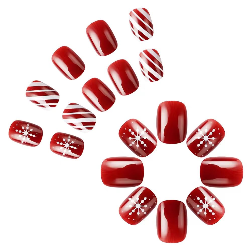 Christmas Press on Short Nails - Square Fake Nails with Snowflake Design - Red False Nails Press ons - for Women Winter Manicure 24 Pcs