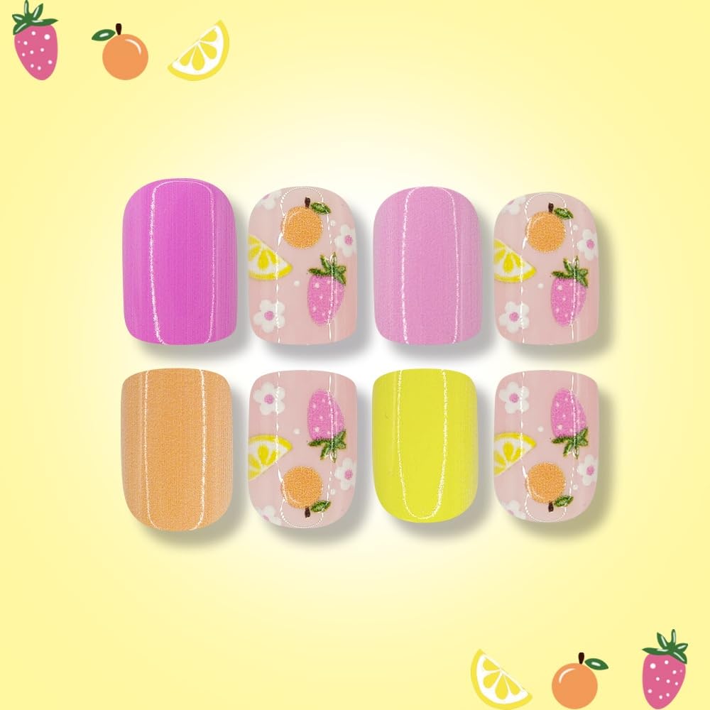 Pink Press on Nails Short Square Fake Nails with Flower Fruits Design Glossy Yellow Glue on Nails Orange Nails Press ons Reusable Full Cover Spring Summer Acrylic Nails for Women Manicure 24Pcs