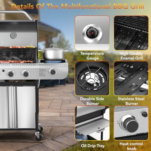 Electactic 3-Burner Propane Gas BBQ Grill with Side Burner,Stainless Steel Grill with Porcelain-Enameled Grates,37000 BTU Barbecue Grill, Suitable for Outdoor Cooking,Camping,Patio Backyard