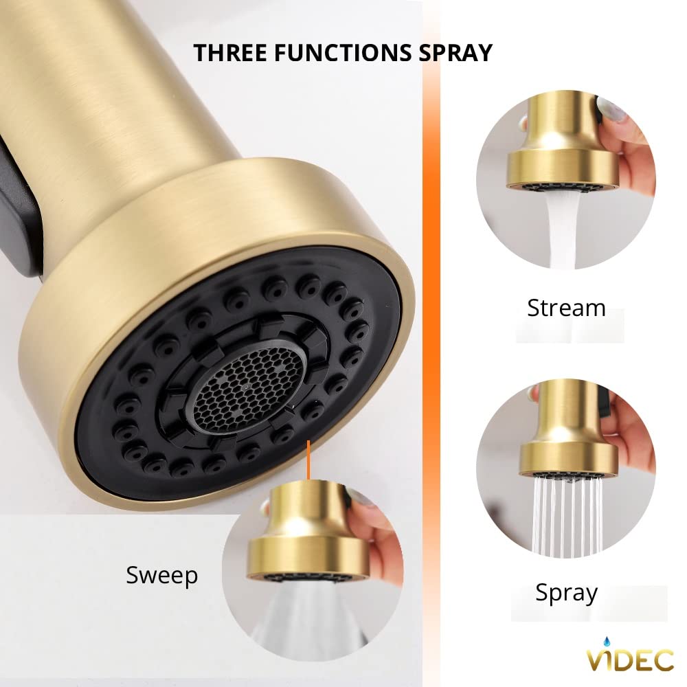 VIDEC Touch-Less Kitchen Faucet, 3 Modes Pull Down Sprayer, Sensor Activated, LED Temperature Control, 360-Degree Rotation, 1 or 3 Hole Deck Plate. 10-Year Warranty.(Matte Gold, KW-79J)