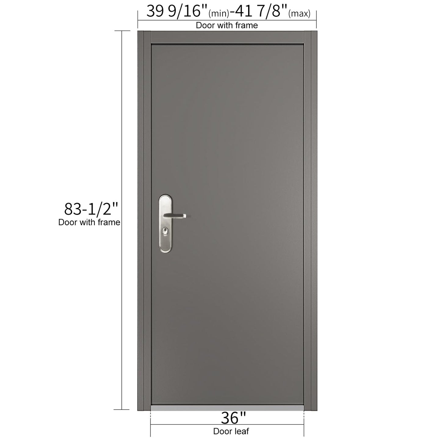 VIZ-PRO Quick Mount Steel Security Door with Frame and Hardware, Gray Right Side-Hinged Inward, 39 9/16" - 41 7/8" Width Adjustable, 83 1/2" Height