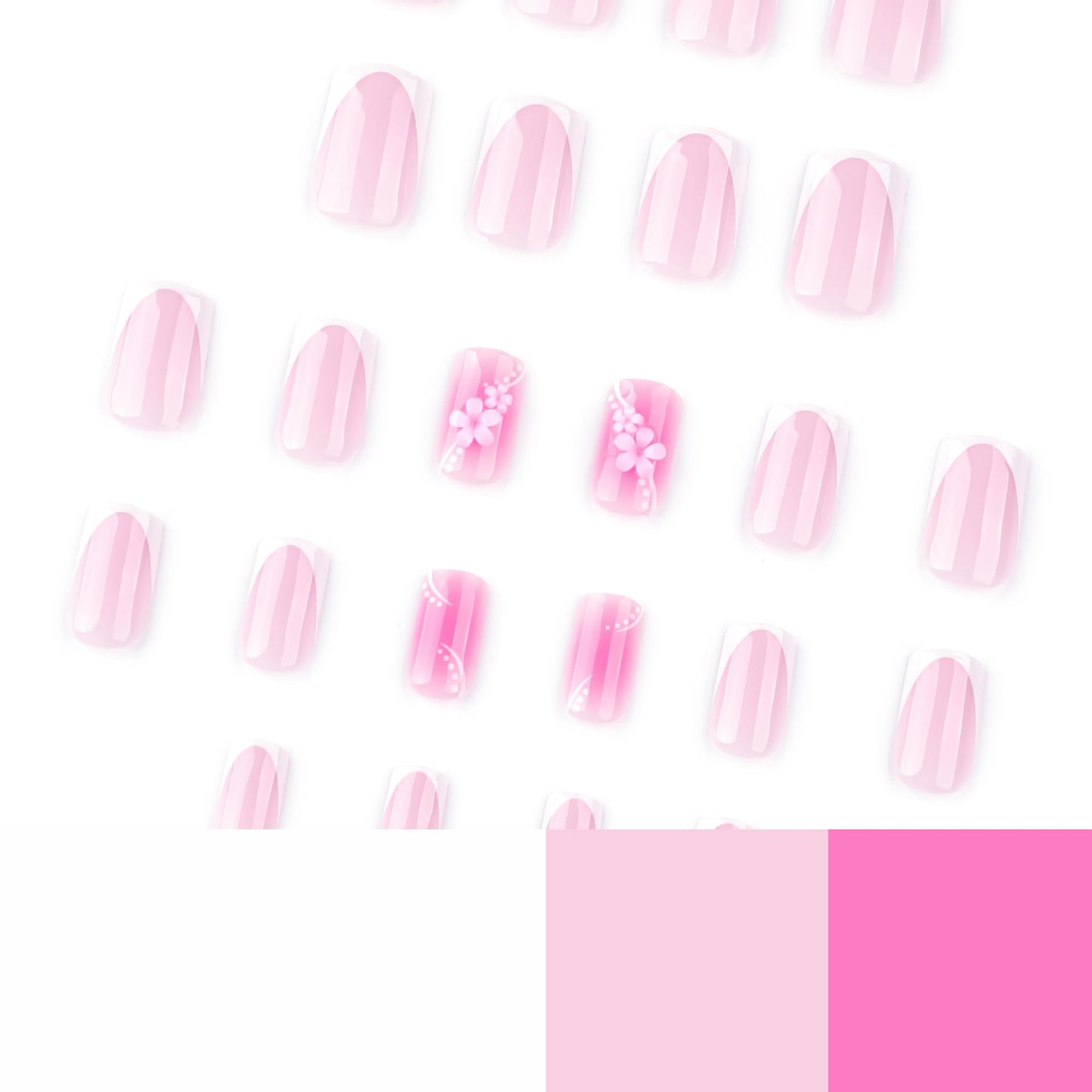 Pink Flower Press on Nails Medium Square Fake Nails White French Tip Acrylic False Nails with Spring Floral Designs Glue on Nail Glossy Artificial Nails Full Cover Stick on Nail for Women 24Pcs