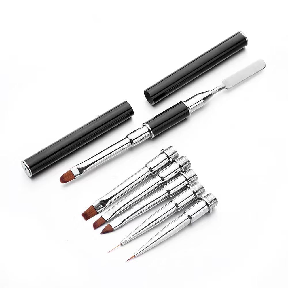 7-in-1 Nail Art Brush Set - Dual-Ended Stainless Steel Nail Tool with Spatula & Replaceable Brush Heads, Professional Acrylic & Gel Nail Brushes for Carving, Liner, Detail & Salon Manicure