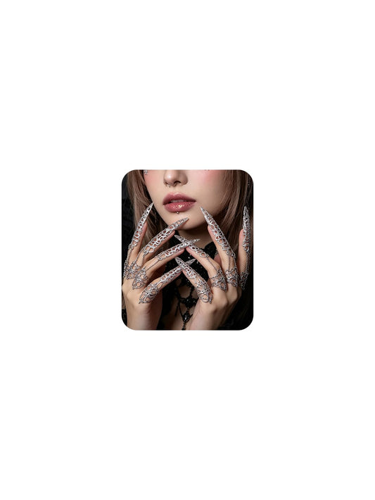 XUENMB 5PCS Gothic Finger Tip Claw Rings for Women Punk Nail Ring Vintage Hollow Pattern Fingertip Claw Ring with Chain Jewelry for Cosplay Drama Party Show (silver)