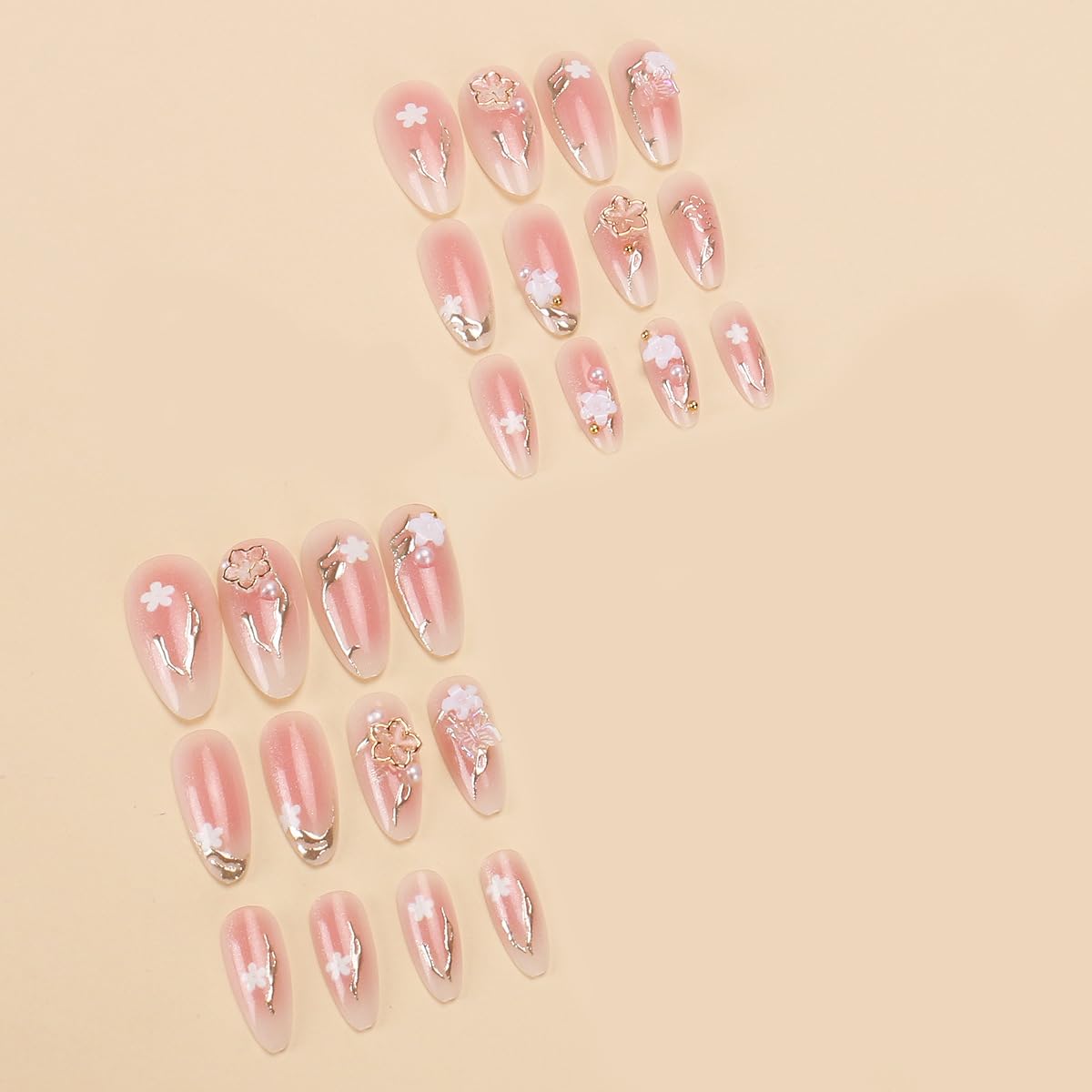 Gold Flower Press on Nails - Medium Almond Fake Nails Press ons with Blush Gradient Designs, 3D Gold Flower Nails Glossy Acrylic Nails Full Cover Glue on Nails for Women Manicure 24Pcs