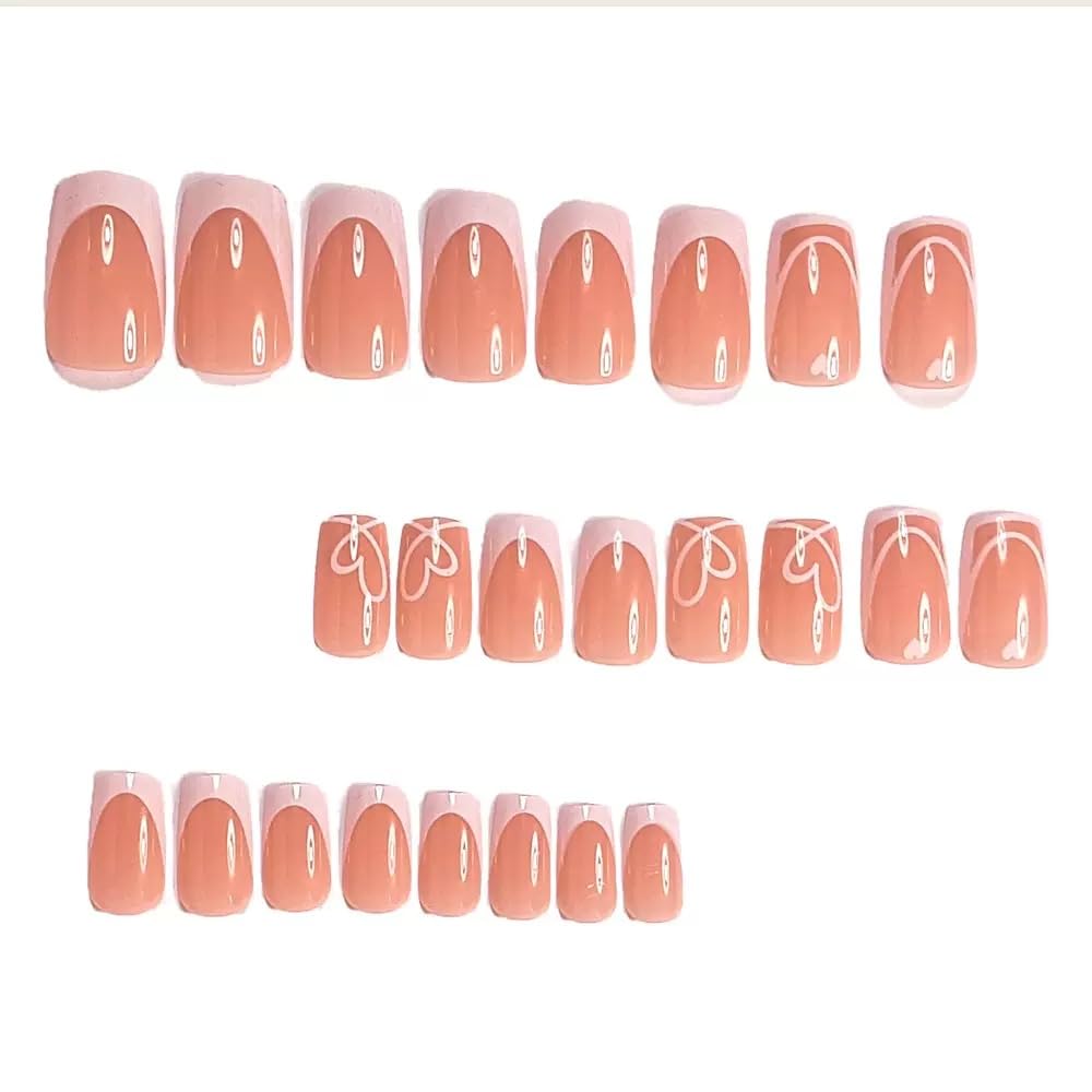 Square Press on Nails Medium - White French Tip with Heart Stripes Design - Glossy Full Cover Stick on False Nails - for Women 24 Pcs
