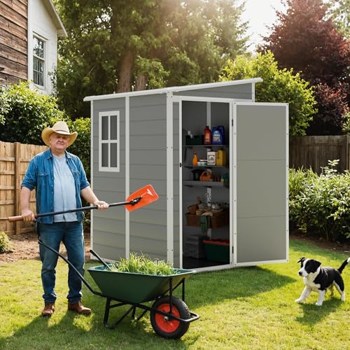 Greesum 5x4FT Plastic Outdoor Storage Shed, Resin Shed with Floor and Window, Tool Sheds with Lockable Door and Vent, for Garden, Garage, Lawn, Light Gray
