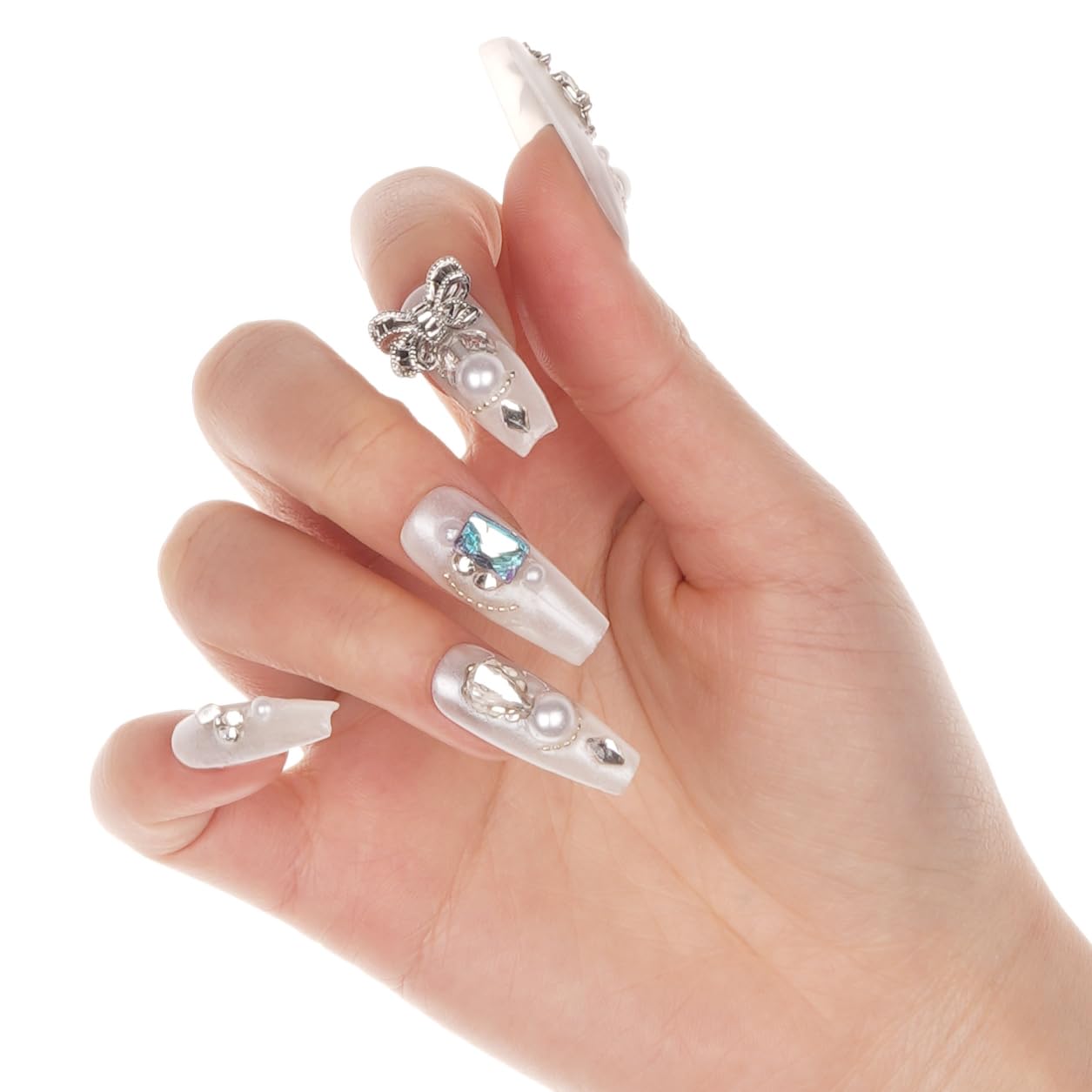 Ballerina Shaped Luxury Press on Nails - White Valentine | Valentine's Day Artificial False Nails Long Coffin, Glossy Fake Nails with 3D Pearls & Sparkling Diamond, Salon Quality Reusable Nails Kit
