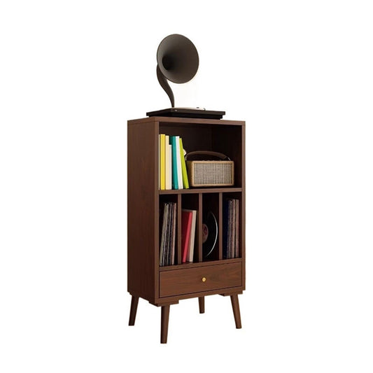 YUHUAWF Vinyl Record Holder Wooden Vinyl Record Low Cabinet with Drawers Storage Unit Display Holder CD Holder(Walnut colour)