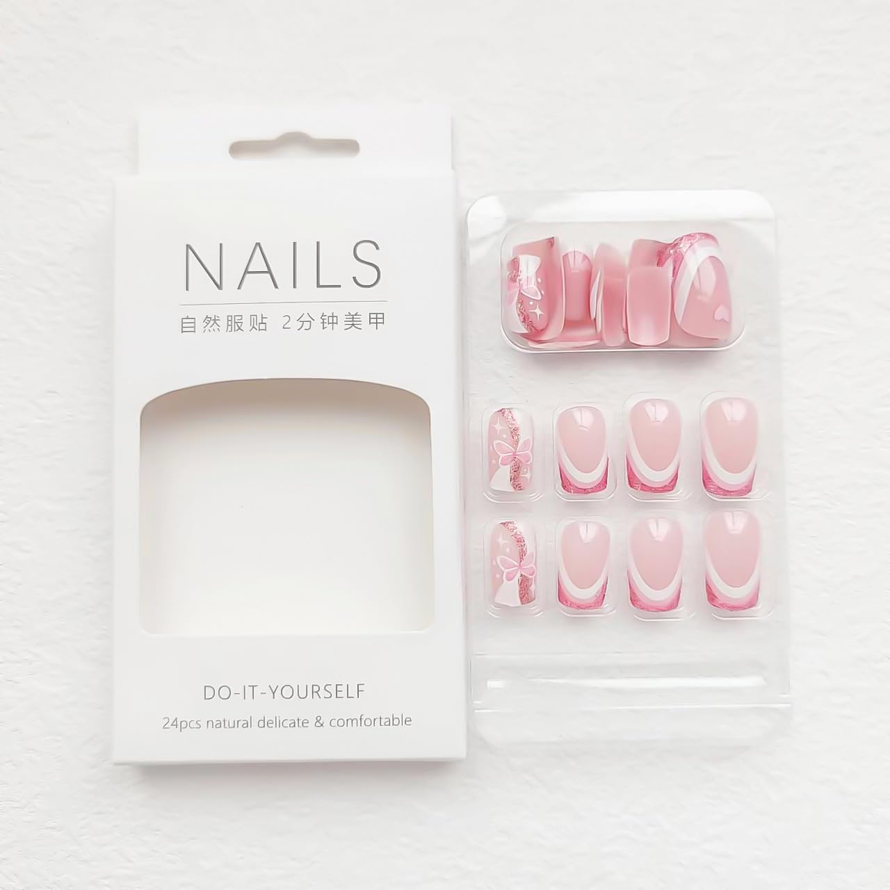 24Pcs Medium Press on Nails Square Fake Nails wiht Glitter Pink Butterfly and Heart/Love Designs False Nails French Tip Acrylic Nails Glossy Full Cover Stick on Nail for Women Nail Decorations